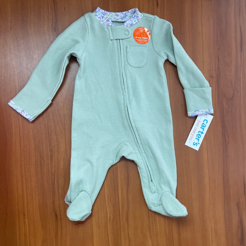 Carters Just One You Sage Green Waffle Knit 2-Way Zip Footed Sleep Play Newborn